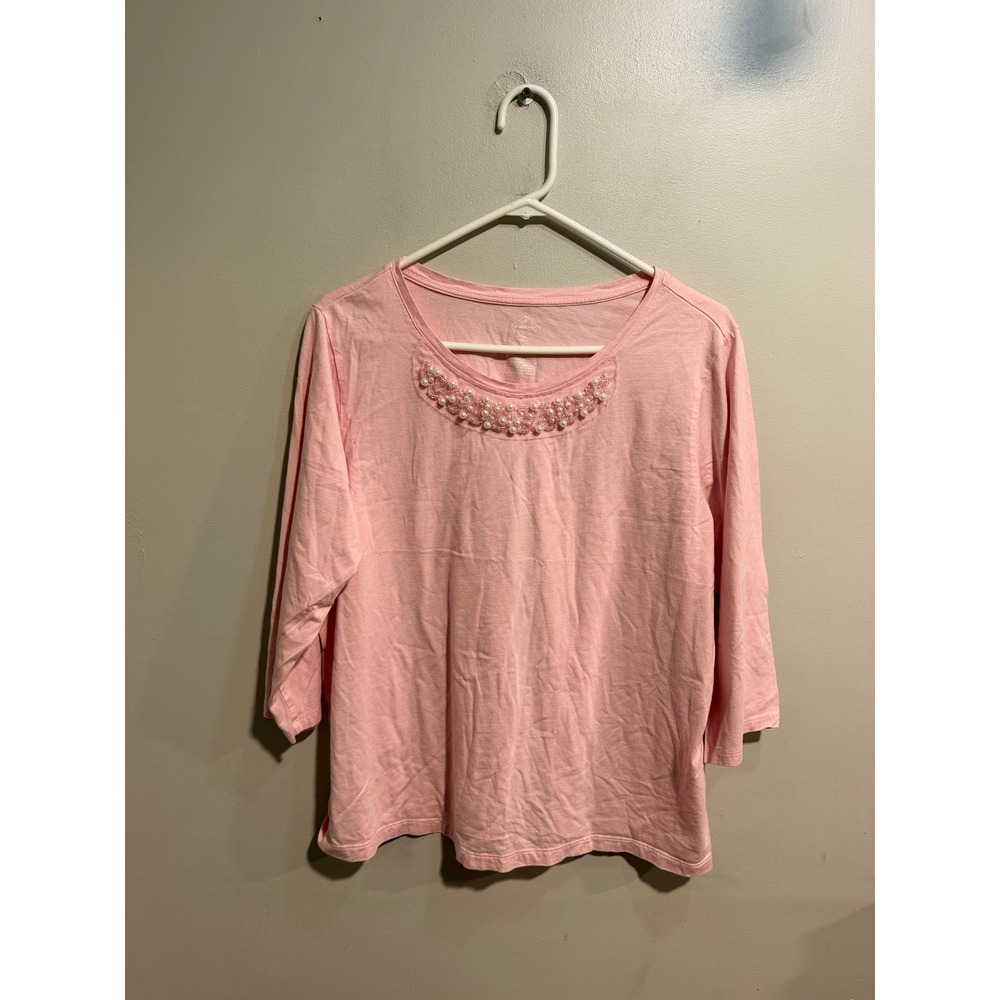 St Johns Bay Pink Faux Pearl Beaded Neck 3/4 Sleeve Top Woman 1X